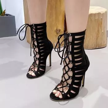 Liyke Летняя мода ажурные женские ботильоны с перекрестными шнурками сандалии гладиаторские туфли с открытым носком на молнии тонкие высокие каблуки женская обувь черного цвета 35