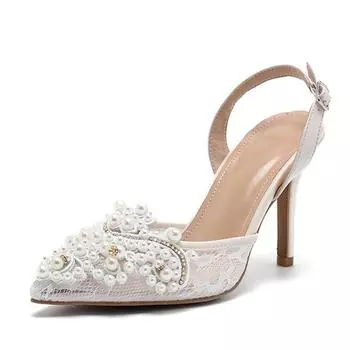 Liyke Летняя мода Белый жемчуг Дизайнерские босоножки Женские туфли-лодочки с открытым носком и сетчатой отделкой Мюли Высокие каблуки Свадебные туфли для выпускного вечера 35
