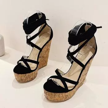 Liyke Летняя мода босоножки на танкетке со шнуровкой для женщин Уютные деревянные тонкие туфли с открытым носком на платформе и высоком каблуке женские туфли черного цвета 35