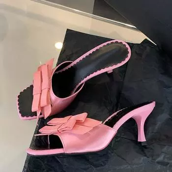 Liyke Летняя мода Двойной узел-бабочка Атласные женские тапочки Сандалии Тонкий Высокий каблук Уличное платье Шлепанцы Туфли Мюли Femme 35