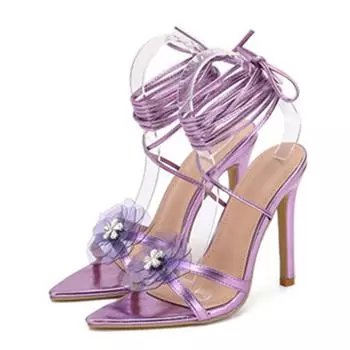 Liyke Летняя мода Кристалл Прозрачный цветок узкие сандалии женские фиолетовые ремешки каблуки сексуальные острый носок свадебные туфли для выпускного вечера 35