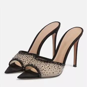 Liyke Летняя мода Кристалл Стразы сетчатые женские тапочки вечерние банкетные туфли мюли сексуальные острые носки тонкие высокие каблуки шлепанцы 35
