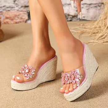 Liyke Летняя мода розовые кристаллы бриллианты заклепки женские туфли на танкетке высокие каблуки сандалии платформы сексуальные открытый носок прозрачная обувь 35