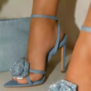 Liyke Летняя мода Женские сандалии-гладиаторы на тонком высоком каблуке 11,5 см с кристаллами и цветочным узором Сексуальные туфли для свадебного банкета с острым носком Синие 35