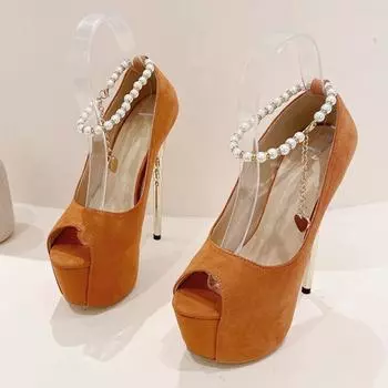 Liyke Модная подиумная цепочка из бусин на щиколотке, женские туфли-лодочки на платформе и высоком каблуке, сексуальные с открытым носком, свадебные банкетные туфли, стилетто 35