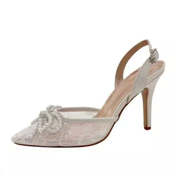 Liyke Модные белые туфли-лодочки с бантом и жемчугом для женщин Сексуальные сетчатые туфли с острым носком и стразами на каблуках Туфли для выпускного вечера Женские босоножки с открытой пяткой 35