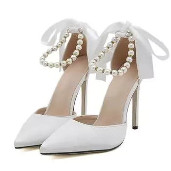 Liyke Модные белые туфли-лодочки с ремешком на щиколотке, украшенные бусинами, женские сексуальные босоножки на шпильках с острым носком, женские туфли на шнуровке с бантом на высоком каблуке 35