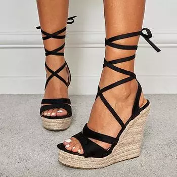 Liyke Модные летние босоножки на танкетке со шнуровкой, женские, с открытым носком, соломенные, с плетением, на толстой подошве, на платформе, с высоким каблуком, женские туфли 35