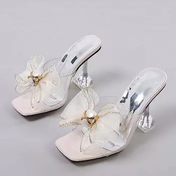 Liyke модные сетчатые женские шлепанцы с бантом в необычном стиле, сандалии на высоком каблуке, сандалии с открытым носком, прозрачная обувь из ПВХ, женские шлепанцы 44