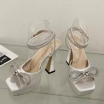Liyke модные женские босоножки на высоком каблуке с ремешком на щиколотке и стразами, модные женские босоножки на высоком каблуке с кристаллами и бантом, с открытым носком на платформе, массивные туфли для вечеринок и выпускного вечера 35