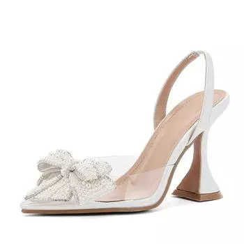 Liyke Модный дизайн Белые жемчужные банты Женские туфли-лодочки Сексуальные туфли с острым носком на высоком каблуке Свадебные туфли для выпускного вечера из ПВХ Прозрачные сандалии Женские 35