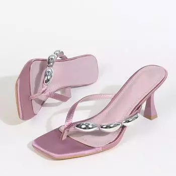 Liyke Модный дизайн Металлические узкие сланцы Женская обувь Тапочки Летняя вечеринка Низкий каблук Гладиаторские сандалии Женские мюли 36