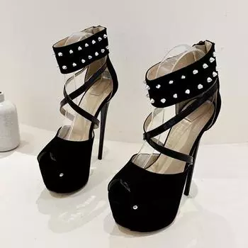 Liyke Модный дизайн Металлические заклепки Молния на щиколотке Ремешок Женские туфли на платформе Сексуальные туфли с открытым носком для стриптиза на высоком каблуке Танцевальная обувь на пилоне 35