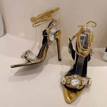 Liyke New Design Crystal Diamond Pointed Toe Strappy Heels Women 8.5CM Sandals Silver Cross Strap Summer Party Wedding Shoe 35