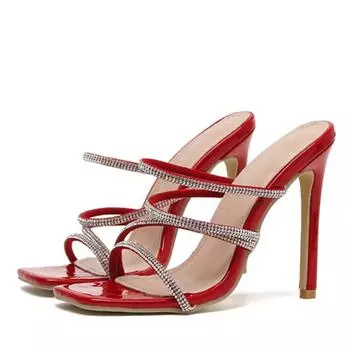 Liyke Новый дизайн квадратный носок красные тапочки женские модные летние босоножки с узким ремешком кристаллы женские туфли на высоком каблуке свадебные туфли-лодочки 42 красный