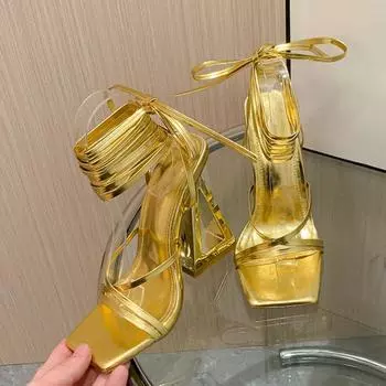 Liyke Новый Стиль Шикарные Треугольные Толстые Каблуки Гладиаторские Сандалии Женские Летние Сексуальные Уличные Квадратный Носок Перекрестная Шнуровка Платье Вечеринка Золотая Обувь 35