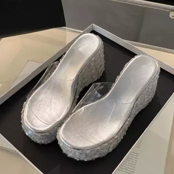 Liyke Новая Мода Блестящие Клинья на Платформе Шлепанцы Женские С Открытым Носком ПВХ Прозрачные Сандалии Женская Обувь Высокие Каблуки Zapatos Mujer 35