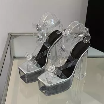 Liyke Новая Мода Пряжка Бант Прозрачные Сандалии Женские Прозрачная Платформа Обувь Сексуальный Квадратный Носок Танцы на Шесте Массивные Высокие Каблуки 35