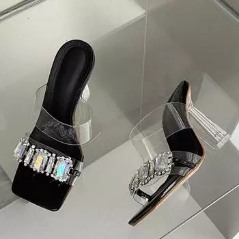 Liyke/Новые женские туфли-лодочки на прозрачном каблуке с большой цепочкой из кристаллов и стразами, летние прозрачные сандалии из ПВХ с квадратным носком, свадебные туфли 38 чёрный