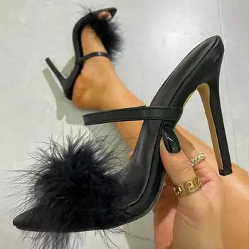 Liyke Новый дизайн розовые пушистые перьевые туфли на высоком каблуке женские модные летние сандалии с открытым носком женские мюли шлепанцы туфли-лодочки 35