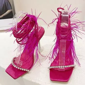 Liyke/Новый дизайн, женские сандалии со стразами, модные летние прозрачные туфли на высоком каблуке с нечеткими перьями, пикантные вечерние туфли для банкетов, сине-белые 35