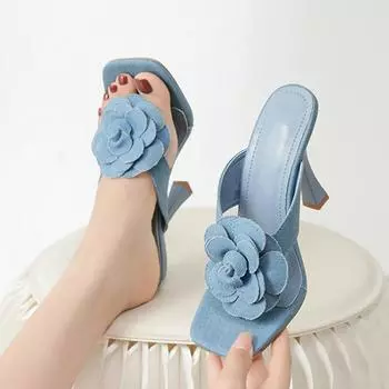 Liyke Outdoor Street женские сексуальные туфли на шпильке с квадратным носком 10,5 см на тонком высоком каблуке современные тапочки синие летние сандалии с цветами из денима 35