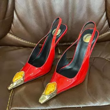 Liyke Подиумная мода драгоценный металл острый носок лакированная кожа женские туфли-лодочки красные туфли на высоком каблуке свадебные туфли сандалии с открытой пяткой размер 42 35