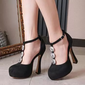 Liyke Подиумная мода Металлическая пряжка Женские туфли-лодочки Однотонные черные туфли Мэри Джейн с круглым носком для вечеринок и банкетов Босоножки на высоком каблуке на платформе 35