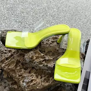 Liyke/прозрачные шлепанцы из ПВХ для женщин, модные шлепанцы на тонком высоком каблуке с открытым носком, летние сандалии, размер 40 40 зелёный