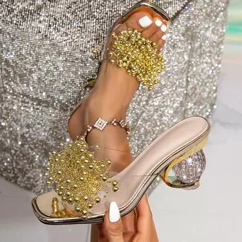 Liyke Прозрачные тапочки для женщин, летняя мода, золотистый жемчуг, дизайнерские сандалии, кристально-странные прозрачные каблуки, праздничная обувь 36