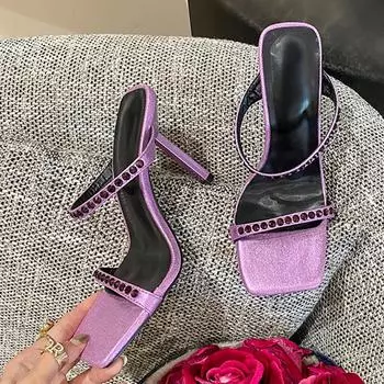 Liyke Фиолетовые Стразы Сексуальные Тапочки Женские Сандалии Высокие Каблуки Мюли Летняя Мода Слипоны Шлепанцы Вечерние Туфли 36 розовый