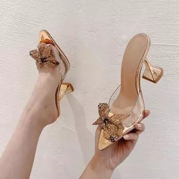 Liyke PVC Transparent Slippers For Women Fashion Rhinestone Bowknot High Heels Female Mules Slides Summer Clear Shoes Sandals 35 серебряный
