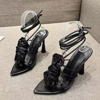 Liyke Размер 35-41 Сексуальные остроносые босоножки на высоком каблуке со шнуровкой Белые босоножки для женщин Шелковые розы Летние туфли для вечеринок Туфли-лодочки 35