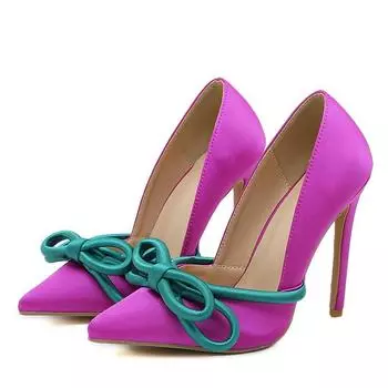 Liyke Runway Style Silk Butterfly-Knot Women Pumps Sexy Pointed Toe Slip On Purple High Heels Fashion Slingback Shoes Stiletto 35