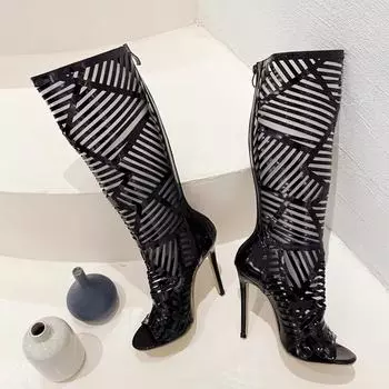 Liyke сексуальные металлические острые носки черные сетчатые сапоги до колена сандалии женские модные туфли на высоком каблуке со стразами женские ботинки Mujer 35