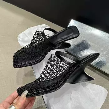 Liyke Сексуальные сетчатые мюли с квадратным носком, женская обувь, туфли-лодочки, тапочки, модные странные туфли на танкетке, сандалии, женские, черные 35