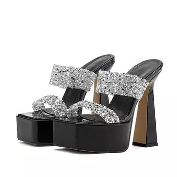Liyke сексуальные тапочки на толстой платформе с блестками женские сандалии с прозрачным ремешком женские туфли для вечеринки на высоком каблуке 35