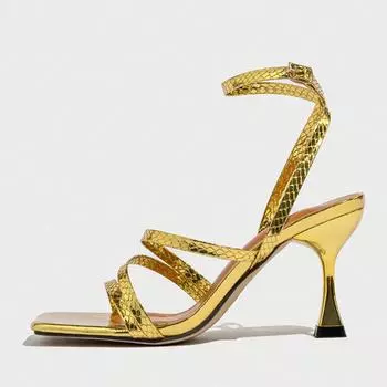 Liyke сексуальные змеиный принт кожа ремешок на щиколотке золотые босоножки женские узкие полоски квадратный открытый носок гладиаторские туфли на высоком каблуке для женщин обувь 35