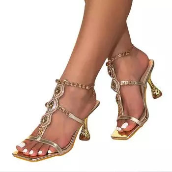 Liyke сексуальные золотые босоножки с цепочкой на щиколотке, с кристаллами, женские высококачественные узкие сандалии с квадратным носком, на низком тонком каблуке, свадебные туфли для выпускного вечера 36