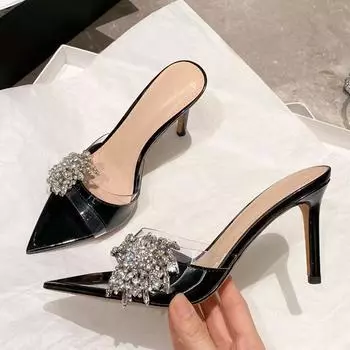 Liyke Сексуальные 8,5 см Тонкие Высокие Каблуки Современные Шлепанцы Женщины Кристалл Стразы Летняя Вечеринка Банкетная Обувь Женские Прозрачные Сандалии 35