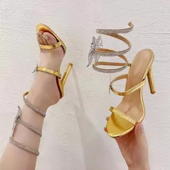 Liyke Сексуальные босоножки с бабочками из кристаллов и спиральным ремешком, женские с открытым носком, элегантные туфли на высоком каблуке для свадебного банкета, золотистого и серебристого цвета 35