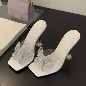 Liyke Strange Clear High Heels Современные тапочки для женщин Crystal Butterfly Дизайнерская обувь Прозрачные сандалии Женские мюли Шлепанцы 35