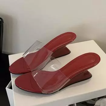 Liyke Strange Style Клинья Тапочки для женщин Неглубокие открытые носы Мюли Высокие каблуки ПВХ Прозрачные сандалии Летняя пляжная обувь для вечеринок 35