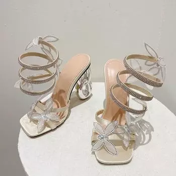 Liyke Странный стиль Металлические ажурные каблуки Гладиаторские сандалии Женские Летняя мода Кристалл Бабочка Квадратный носок Вечерние туфли для платья 35