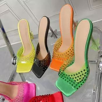 Liyke странный стиль, прозрачные женские тапочки из плексигласа на каблуке, зеленые кристаллы и стразы, модные сандалии с квадратным носком, прозрачная обувь 35 оранжевый