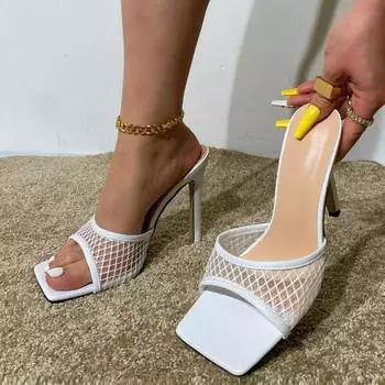 Liyke Street Style Vintage Square Toe High Heels Slippers For Women Sandals Out Net Summer Female Slides Shoes 35
