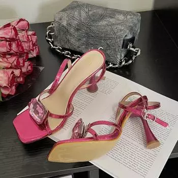 Liyke Летняя Мода Большие Кристаллы Узкие Босоножки Женские Элегантные Вечерние Свадебные Туфли Квадратный Носок Серебристые Высокие Каблуки Сандалии 35