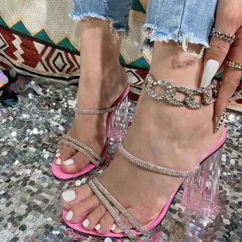 Liyke Летняя Мода Кристалл Стразы Женские Шлепанцы Уличная Вечеринка Открытый Носок Прозрачные Туфли на Высоком Каблуке Босоножки Женская Обувь Туфли-лодочки 35