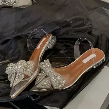 Liyke Летняя мода Кристаллы пайетки бант женские туфли-лодочки сексуальные остроносые прозрачные туфли на низком каблуке мюли сандалии ПВХ прозрачная обувь 35