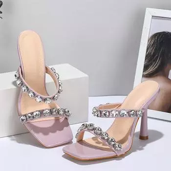 Liyke/Летние вечерние женские шлепанцы на тонком высоком каблуке со стразами и кристаллами, модные шлепанцы с открытым носком, женские свадебные туфли, размер 42 41 чёрный